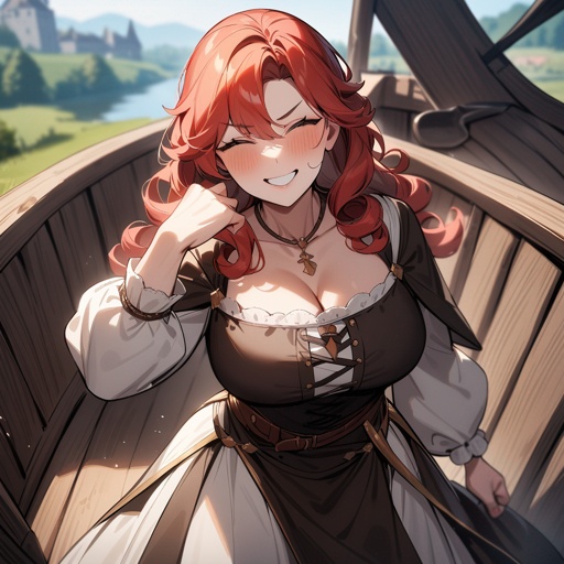 One woman, red head, muscular, manly face, short curly hair, big smile on her face, medieval clothes, on a medieval boat