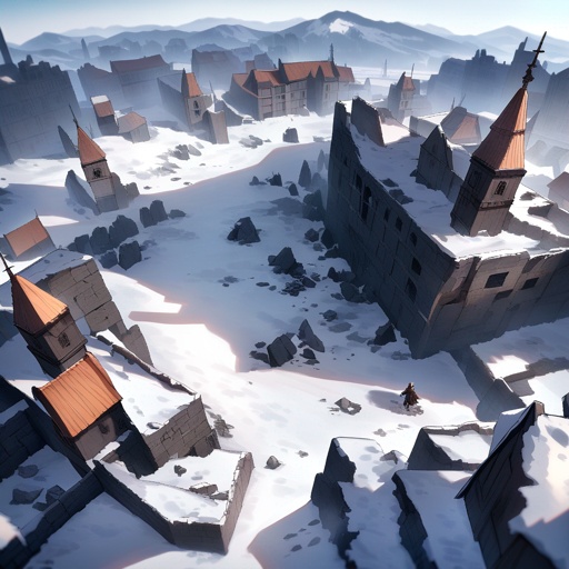 Ruins, buildings destroyed by ice, flat lands, viewed from the sky, JRPG environment