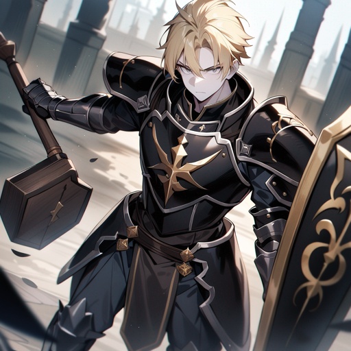 A male knight with black armor. Blond with grey eyes, pale skin, and a four star in the middle of the forhead. In wright hand a large axe, in left hand a shield with rune