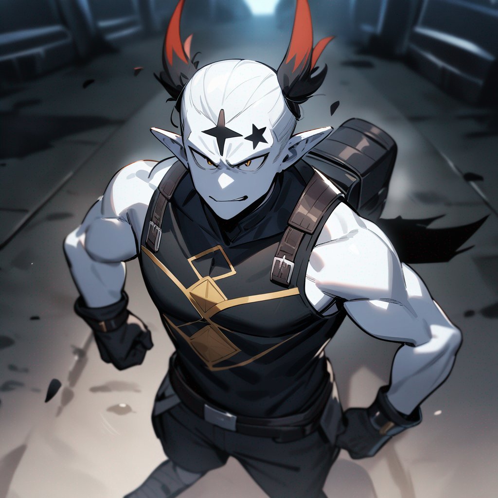 One guy, sranding still, white skin, a four pointed black star on the forehead
