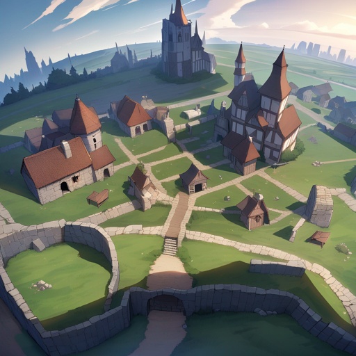 Ruins of a medieval village, buildings partialy destroyed, flat lands, viewed from the sky, JRPG environment