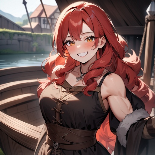 One woman, red head, muscular, long curly hair, big smile on her face, medieval clothes, on a medieval boat